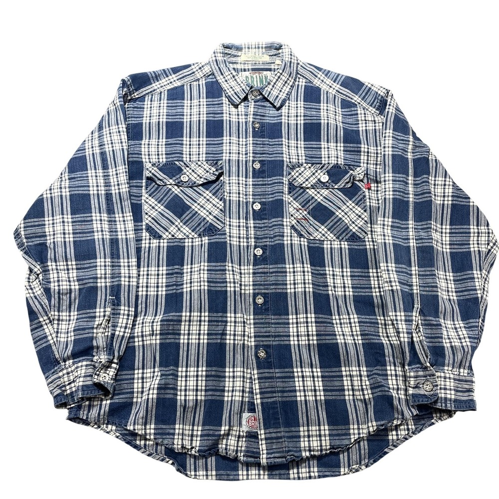 Vintage On The Brink Shirt‎ Mens Large Blue Plaid Linen Cotton Button Front